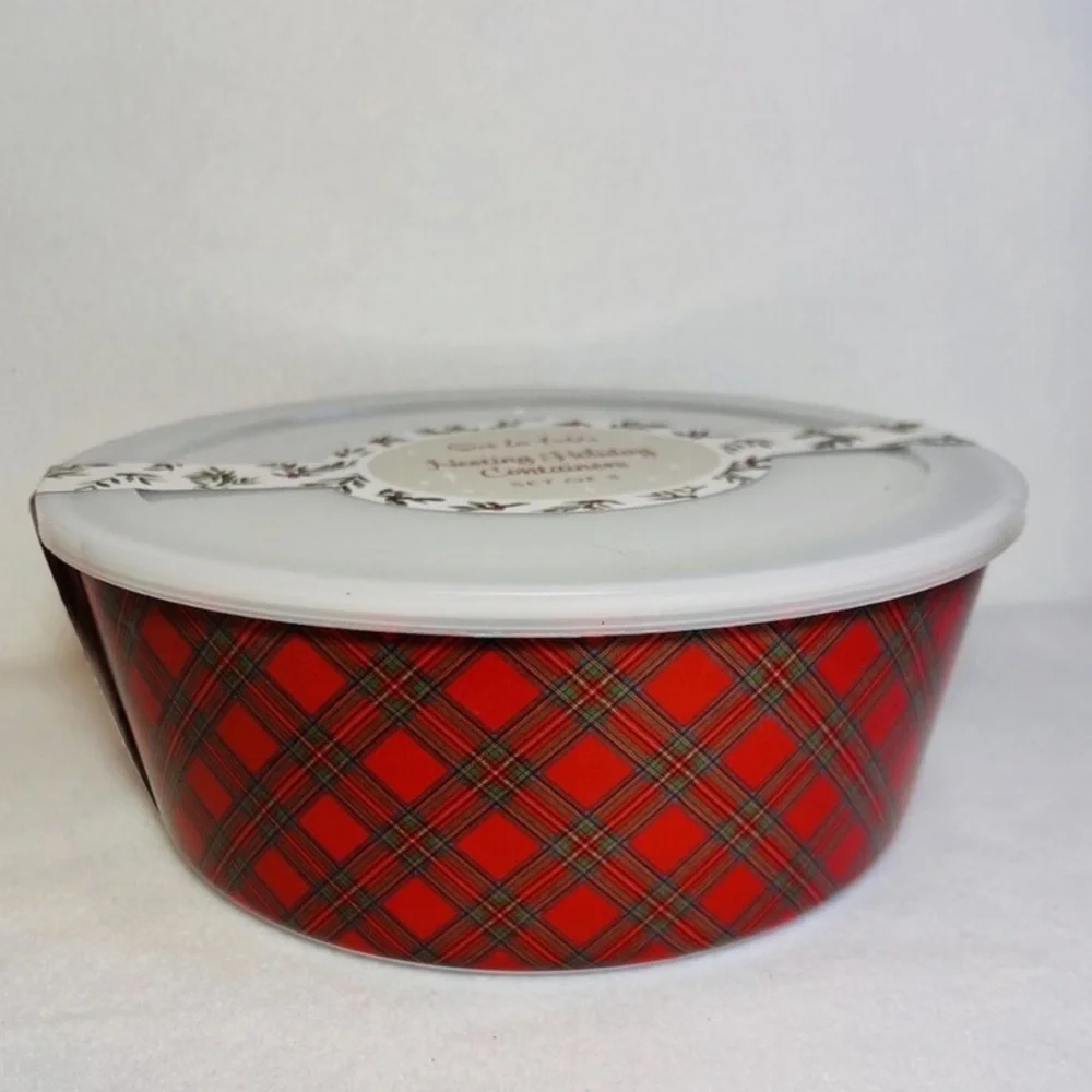 Sur La Table Red Tartan Plaid Melamine Neating Bowls & Lids